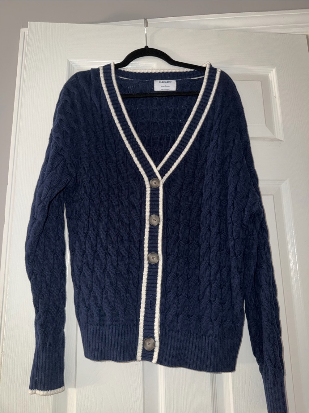 Old Navy Navy Cable Knit Cardigan with White Trim
